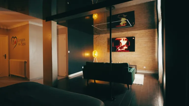 Salon de la Love Room : canapé de velours vert, télévision et lumières tamisées