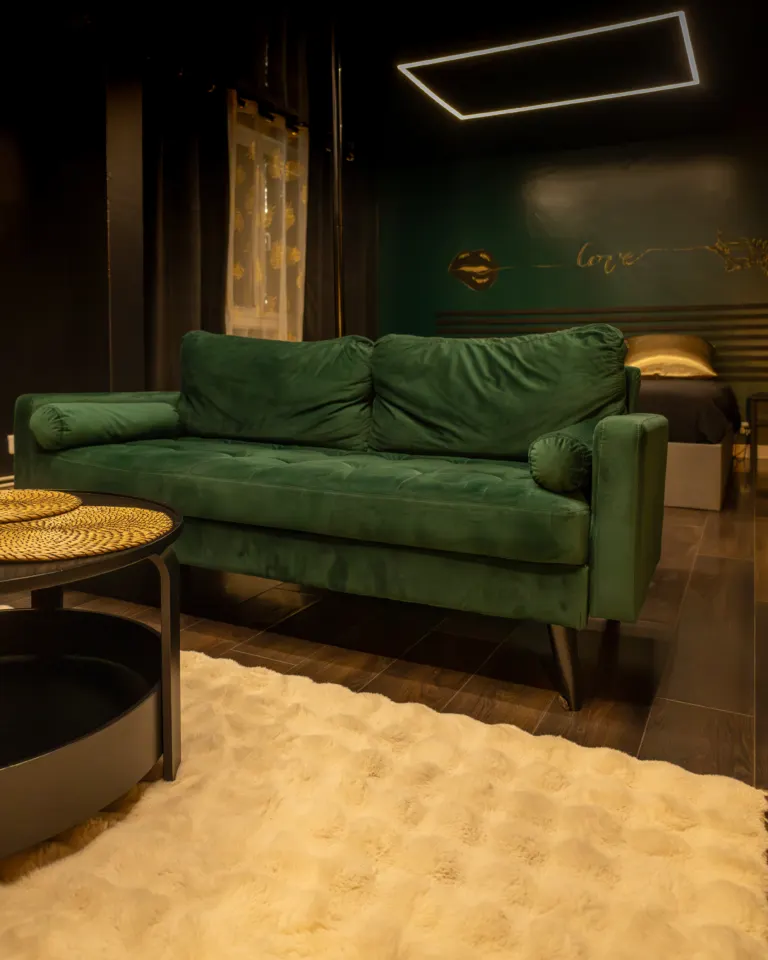 Canapé de velours vert et tapis blanc du salon, plafond lumineux